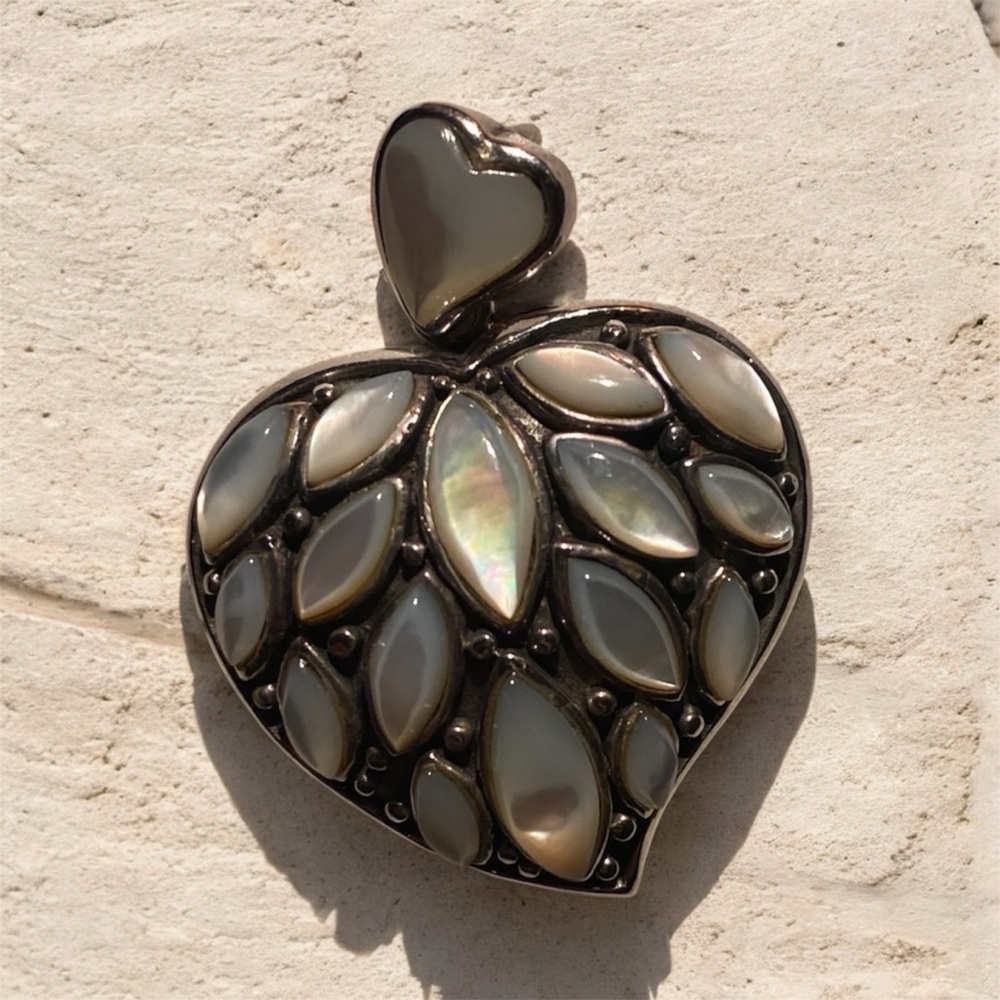 Vintage Sterling Silver Heart Shapes Mother of Pearl Pendant